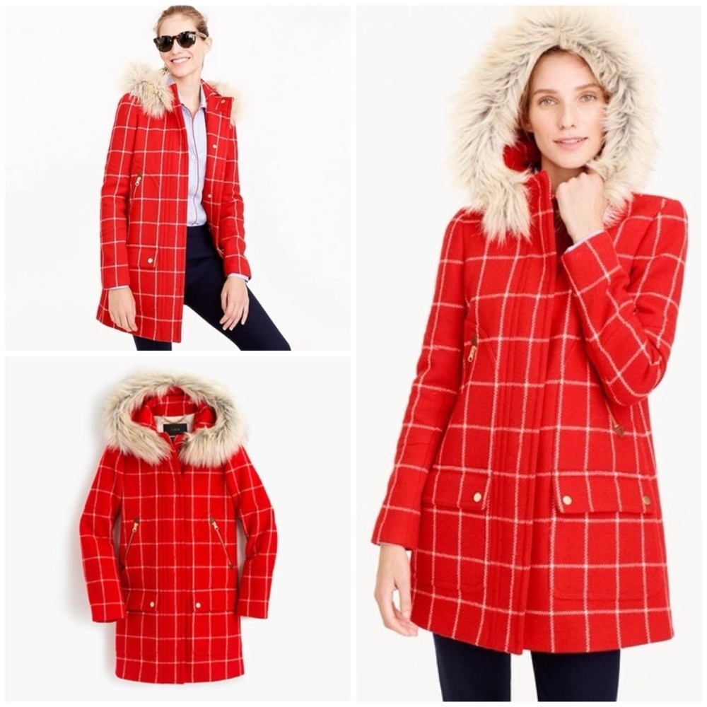 J. Crew Chateau Parka Red White Windowpane Plaid Removable Faux Fur Collar Coat​